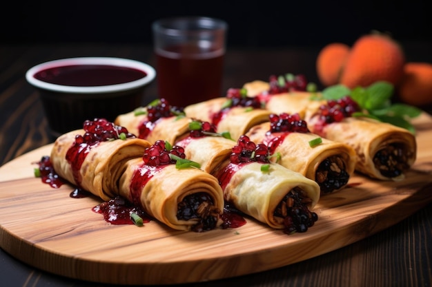 Blintzes veganos com recheio de frutas em tábua de madeira