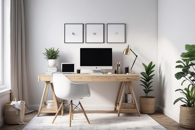 Bliss Cozy Home Office Mockup com paredes brancas em branco