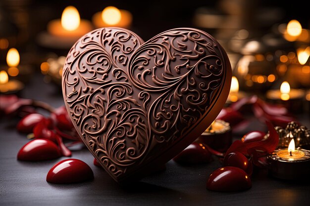Blissful Cocoa Love Um delicioso coração de chocolate vermelho harmoniosamente aninhado em um fundo cativante de cacau rodopiante representando a felicidade do amor ilustração generativa ai