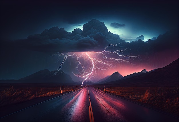 Blitz und Gewitter auf der Straße Illustration AI generativ