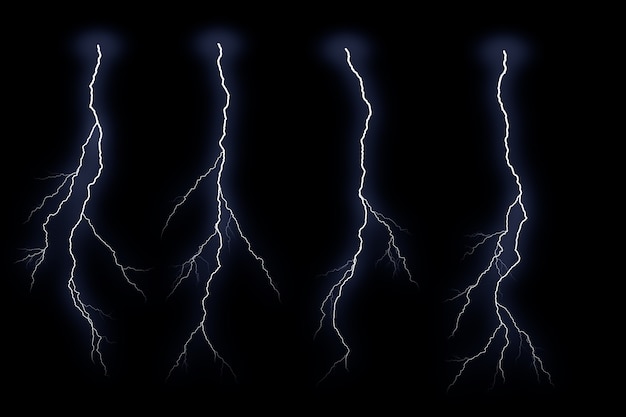 Blitze isoliert auf schwarzem Hintergrund Donner Elektroschlag Gewitter und Blitz