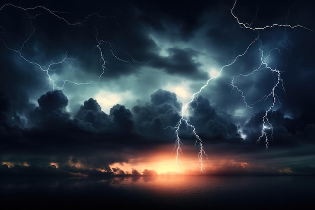 Blitze schlagen gegen den dunklen bewölkten Himmel Illustration AI GenerativexA