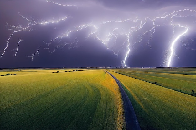 Blitze und stürmische Wolken im Himmel über dem Feld gestalten extremes Wetter in der Natur