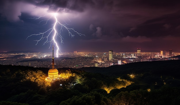 Blitzeinschlag bei Nacht in der Metropole Dramatischer Wolkenhimmel über der riesigen Stadtlandschaft Generative KI