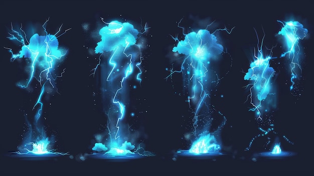 Blitzschlag auf den Boden oder den Boden mit Burst-VFX-Effekt, Lichtkugel und Rauchwolken Cartoon-Moderne Illustrationssatz von blauem Donner mit Blitz und Power-Energie-Splash für die Spieloberfläche