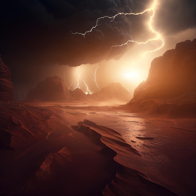 Blitzschlag aus einer Gewitterwolke in der Nacht in einer ländlichen Umgebung. Es gibt mehrere Blitzeinschläge, die von dem Gewitter ausgehen