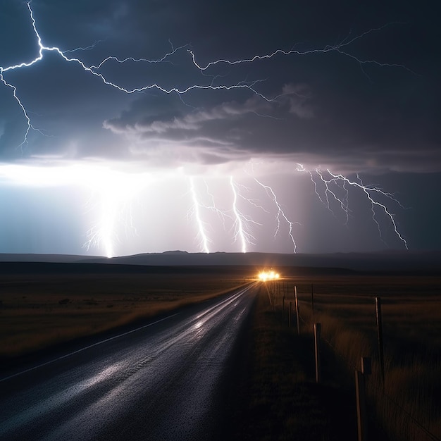 Blitzschlag aus einer Gewitterwolke in der Nacht in einer ländlichen Umgebung. Es gibt mehrere Blitzeinschläge, die von dem Gewitter ausgehen