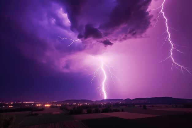 Foto blitzsturm über dem nachthimmel generative ki blitzsturmkonzept in lila farben.