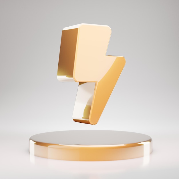 Blitzsymbol. Gelbgold-Blitzsymbol auf goldenem Podium. 3D-gerendertes Social Media-Symbol.