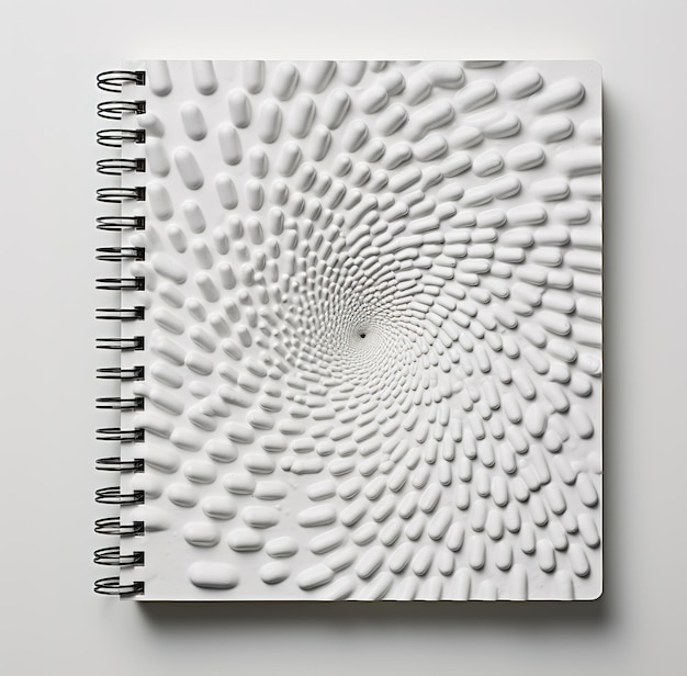Foto bloc de notas en anillos en un bloc de notas de mesa blanco con abstracción en la portada