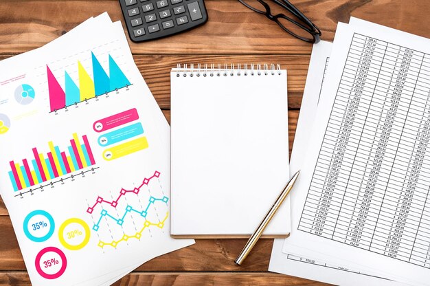 Bloc de notas en blanco con calculadora de documentos financieros y gafas en la mesa de madera Lugar de trabajo del empresario Concepto de negocio Vista superior