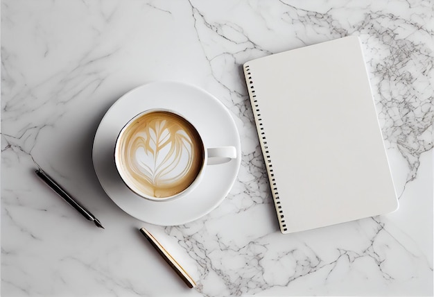 Bloc de notas en blanco y taza de café en la mesa Generado por IA