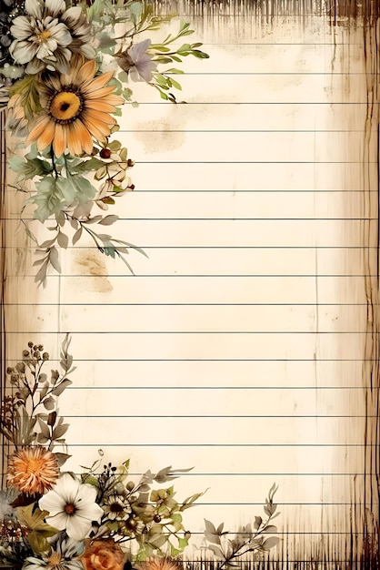 Un bloc de notas bordeado con un patrón floral antiguo con girasoles
