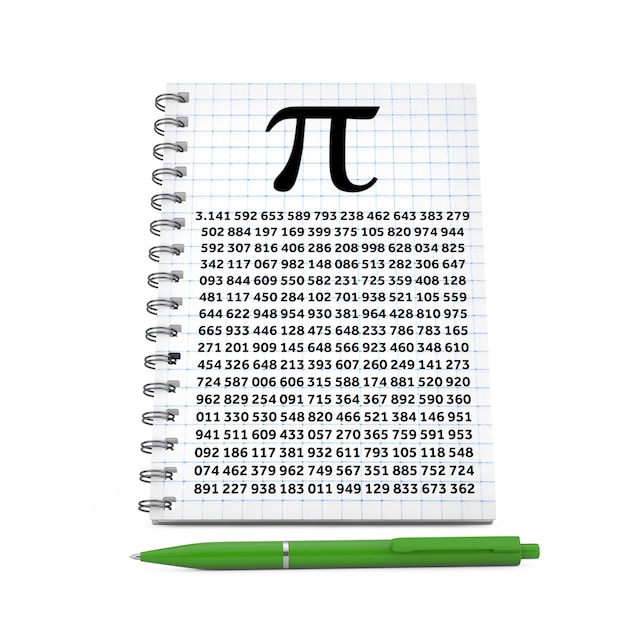 Bloc de notas Hoja de papel cuadriculada con símbolo Pi y bolígrafo verde sobre un fondo blanco Representación 3d
