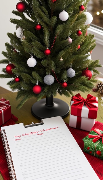 El bloc de notas en las ramas del árbol de Navidad