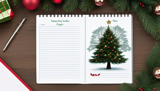 Foto el bloc de notas en las ramas del árbol de navidad