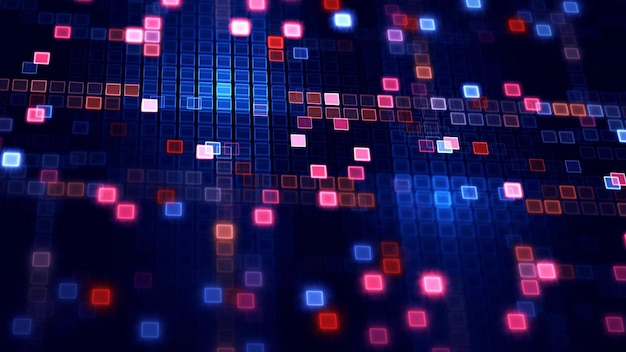 Blockchain Abstract NFT Tecnología futurista Neón Pixel Grid Fondo colorido Cubo cuadrado Láser