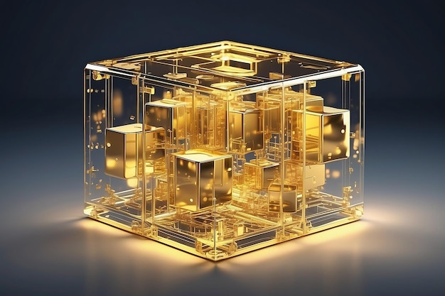 Foto blockchain forma digital iluminada blocos de vidro transparente caixas combina com o ouro grande um conceito de base de nó de dados grandes ilustração de renderização 3d