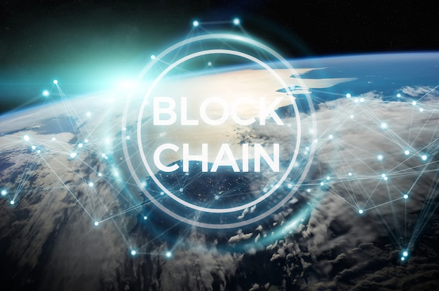 Blockchain na renderização 3d do planeta terra