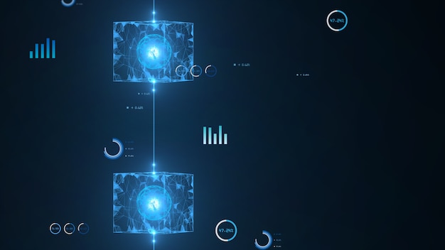 Blockchain-Netzwerkkonzept. Große Datenverbindung des isometrischen digitalen Blockquadrats.