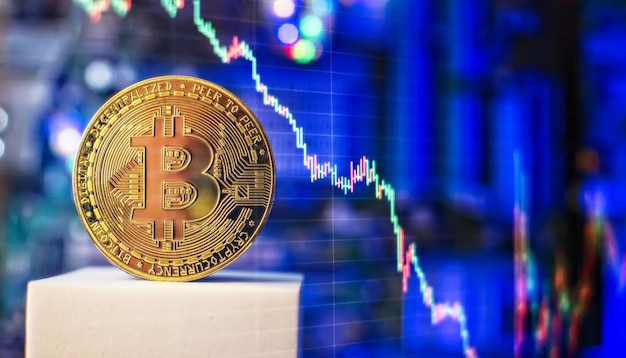 Blockchain-Technologie Bitcoin-Mining-Konzept Goldene Bitcoin-Münze auf dem Banner-Kopienbereich der Computerplatine