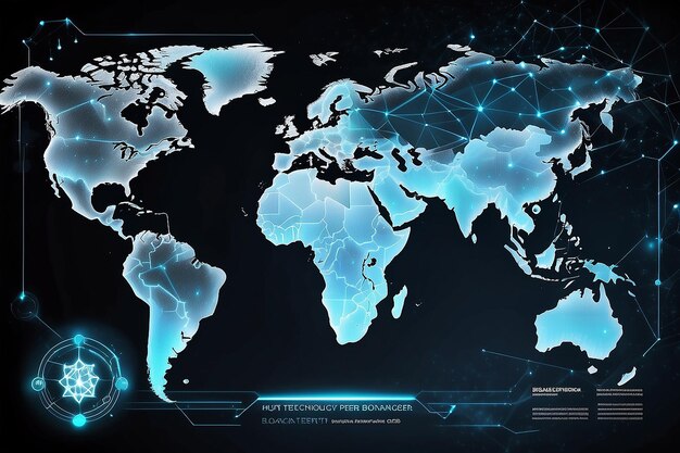 Blockchain-Technologie futuristischer HUD-Hintergrund mit Weltkarte und Blockchain Peer-to-Peer-Netzwerk Globale Kryptowährung Blockchain-Geschäftsbanner-Konzept