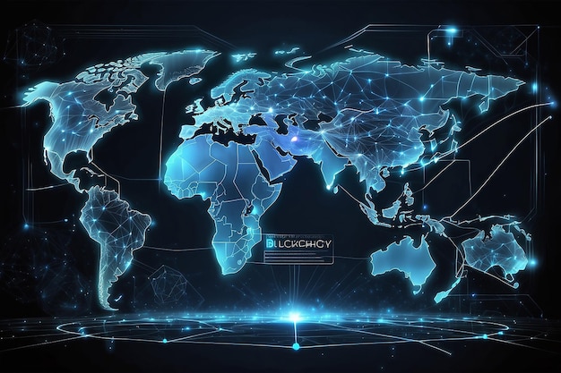 Blockchain-Technologie futuristischer HUD-Hintergrund mit Weltkarte und Blockchain Peer-to-Peer-Netzwerk Globale Kryptowährung Blockchain-Geschäftsbanner-Konzept