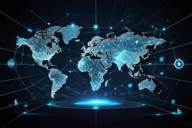 Blockchain-Technologie futuristischer HUD-Hintergrund mit Weltkarte und Blockchain Peer-to-Peer-Netzwerk Globale Kryptowährung Blockchain-Geschäftsbanner-Konzept