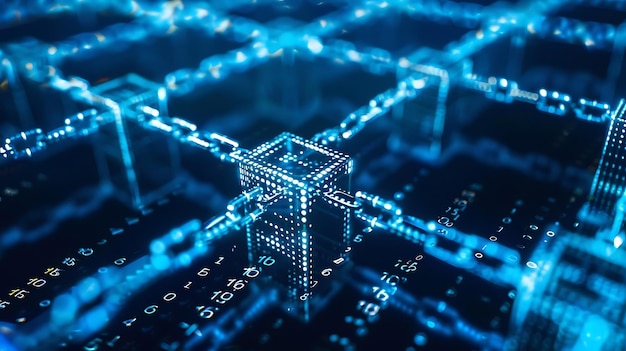 Blockchain-Technologie-Konzept mit einem blauen Gebäude im Hintergrund und einem blauen Licht im Vordergrund