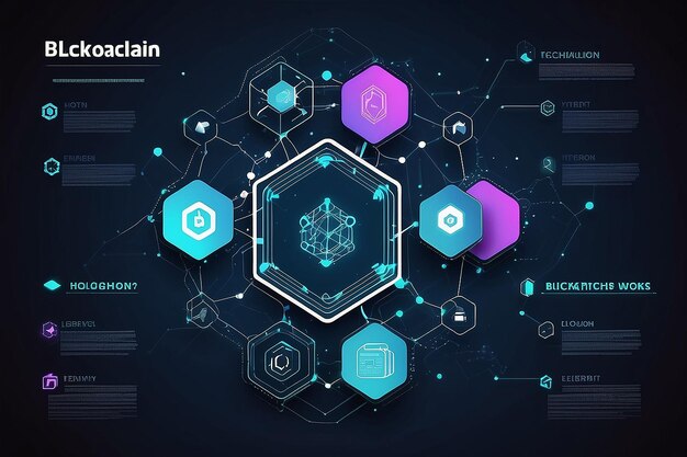 Foto blockchain-technologie mit ikonen wie blockchain funktioniert abstrakter sechseck-hintergrund