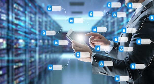 Blockchain-Technologiekonzept mit Diagramm von Ketten- und verschlüsselten Blöcken.