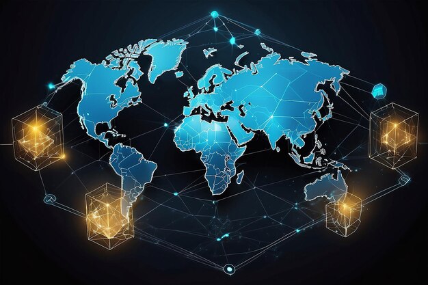 Blockchain tecnología futurista hud fondo con mapa del mundo y blockchain red peer to peer criptomoneda global concepto de bandera de negocio blockchain