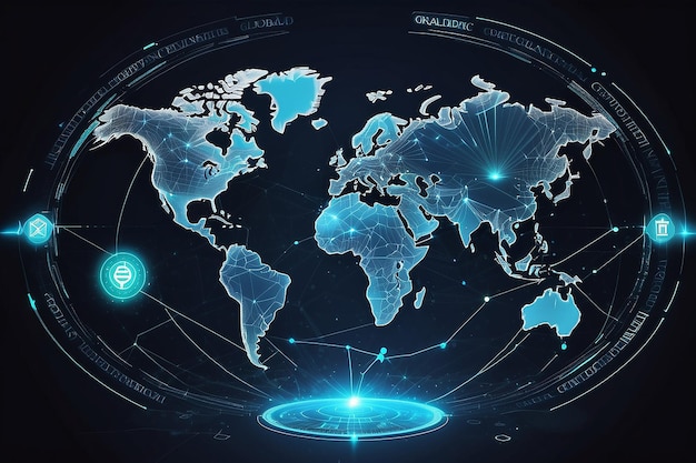 Blockchain tecnología futurista hud fondo con mapa del mundo y blockchain red peer to peer criptomoneda global concepto de bandera de negocio blockchain