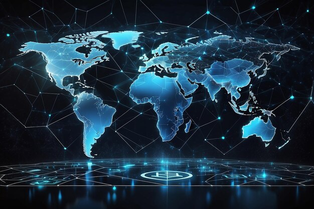 Blockchain tecnologia futurista hud fundo com mapa do mundo e blockchain peer to peer rede global criptomoeda blockchain conceito de bandeira de negócios