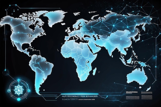 Foto blockchain tecnologia futurista hud fundo com mapa do mundo e blockchain peer to peer rede global criptomoeda blockchain conceito de bandeira de negócios