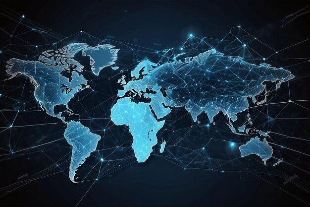 Blockchain tecnologia futurista hud fundo com mapa do mundo e blockchain peer to peer rede global criptomoeda blockchain conceito de bandeira de negócios