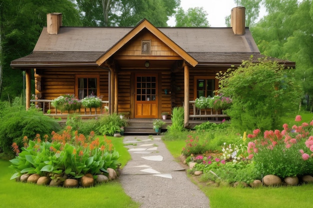 Blockhaushaus mit Veranda und Garten, umgeben von üppigem Grün