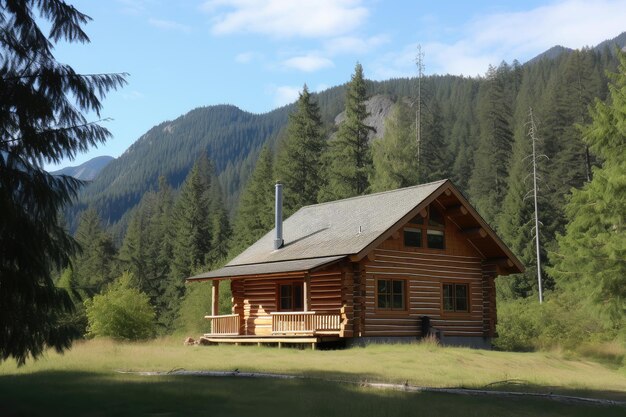 Blockhütte umgeben von Wald mit hohen Bäumen und majestätischen Bergen im Hintergrund