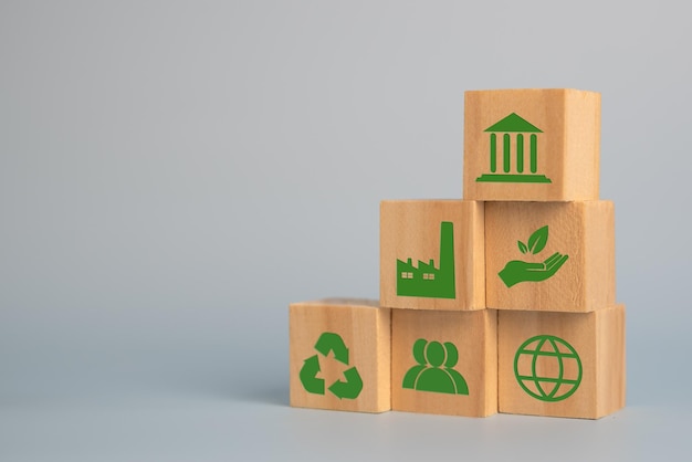 Bloco de cubo de madeira Esg Ambiental Social e Governança eco conceito de desenvolvimento sustentável da organizaçãoInvestimento e gestão da poluição para reduzir o aquecimento global