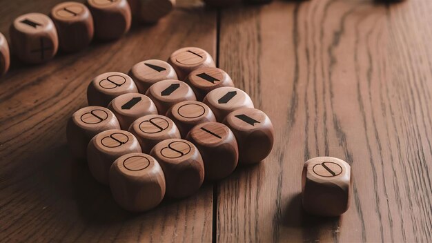 Bloco de cubos de madeira com símbolo errado e certo na mesa