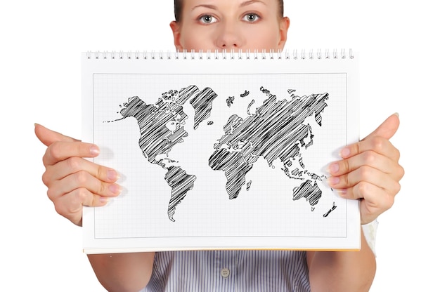 Bloco de notas com mapa do mundo