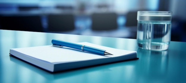 Bloco de notas em uma mesa com caneta antes de conhecer o conceito de negócio de tom azul com espaço de cópia