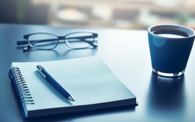 Bloco de notas em uma mesa com caneta antes de conhecer o conceito de negócio de tom azul com espaço de cópia