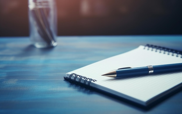 Bloco de notas em uma mesa com caneta antes de conhecer o conceito de negócio de tom azul com espaço de cópia