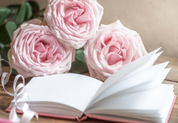 Foto bloco de notas vazio branco aberto e rosas cor de rosa sobre fundo neutro claro close-up foco suave