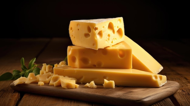 Bloco de queijo em uma tábua de madeira