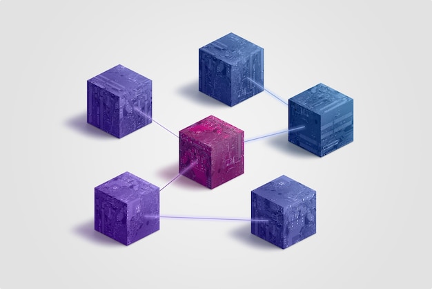 Foto blocos blockchain com conceito de rede de nós conexão e comunicação entre blocos blockchain