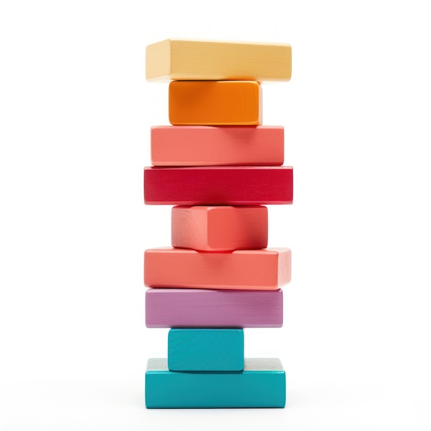 Foto blocos coloridos empilhados em uma torre pronta para cair isolada