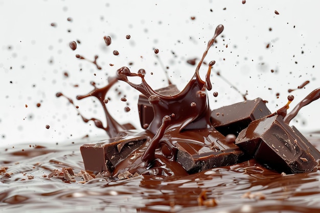 Foto blocos de chocolate salpicando em uma explosão de chocolate líquido em fundo branco de chocolate