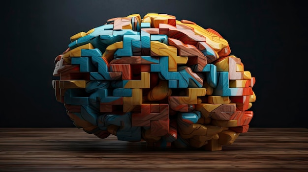 Blocos de quebra-cabeça de madeira formando uma forma de cérebro para o conceito de pensamento lógico